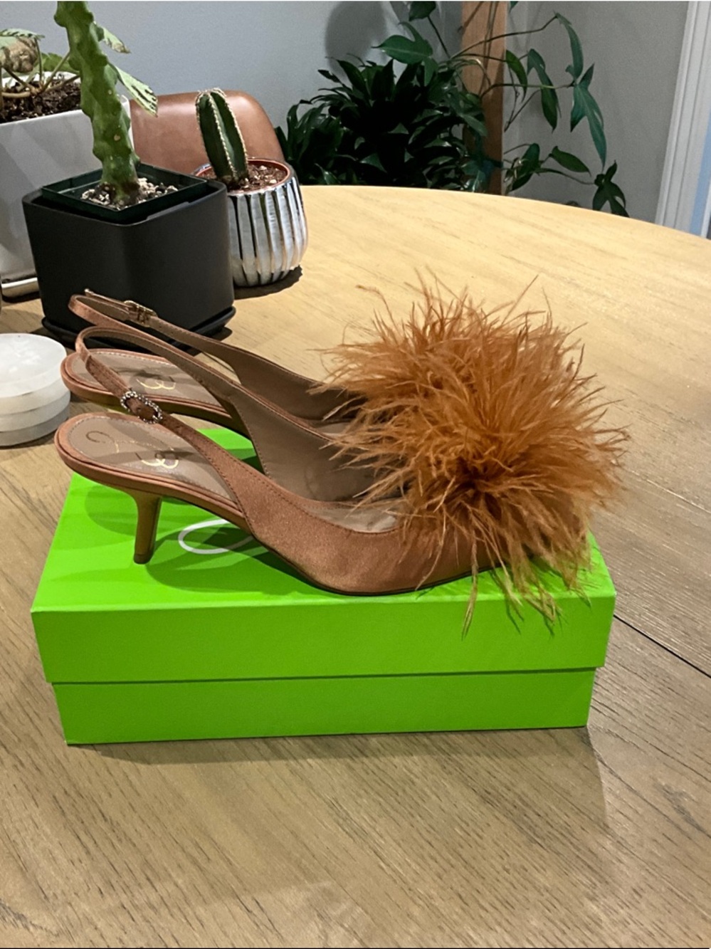 Sam Edelman Rust Satin Slingback Heels with Feather Trim